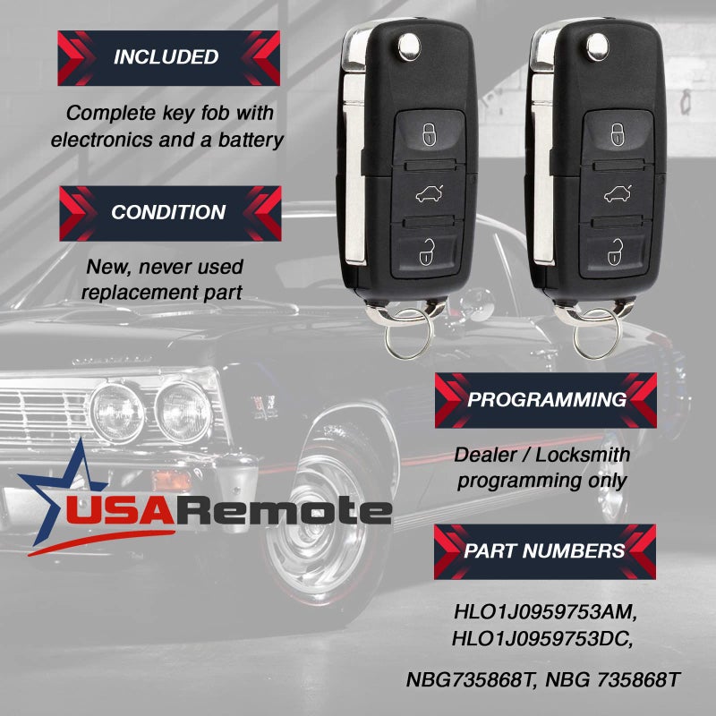 USARemote Replacement Keyless Entry Remote Flip Key Fob fits 2002 2003 2004 2005 VW Jetta, Golf, Passat (HLO1J0959753AM, Set of 2) - Image 3